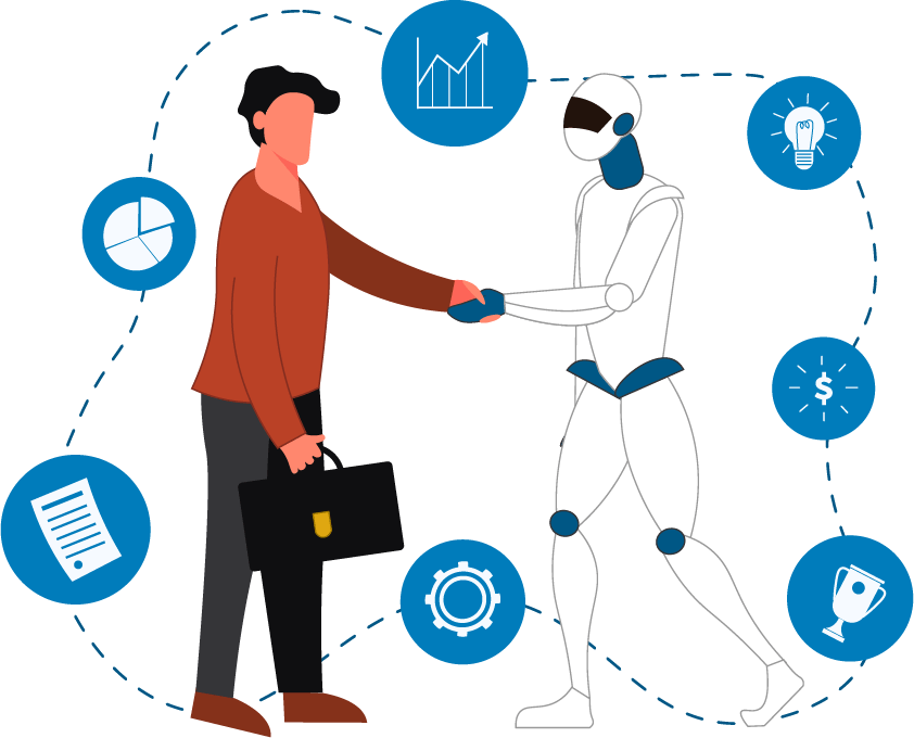 illustration of a man in red shirt holding a black brief case shaking hands with a humanoid robot with both standing among circles containing icons for paper, charts, ideas, money, gears and success, all connected by dotted lines