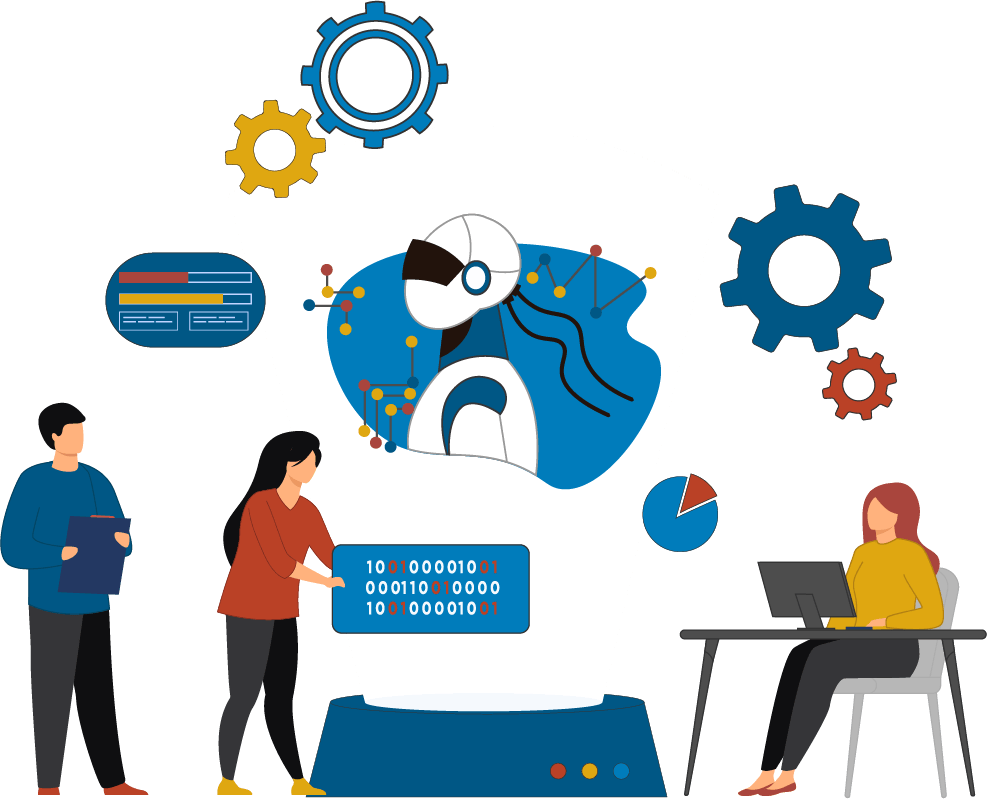 illustration of a man in blue shirt holding a clipboard, woman in red shirt holding a data card with three rows of ones and zeros, woman in yellow shirt sitting a desk using a laptop, and above all of them are a icons for gears, text, graphs robotics and pie charts