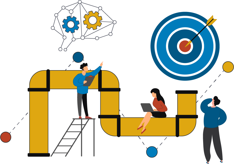 illustration of pipe starting from bottom left side turning and bending across the middle height until it reaches the right side opening to the top with a bullseye target and arrow is above it, and three people working on the pipe with laptop and clipboard and a graph brain side view with gears at the top left