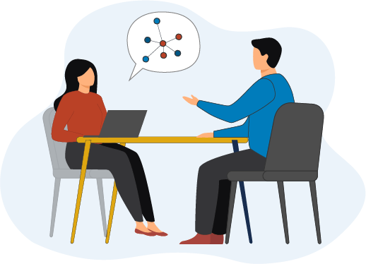 illustration of a woman in a red shirt and a man in a blue shirt sitting facing each other at a table with the woman using a laptop and speaking bubble coming out of her mouth containing a graph with ten circles connected by lines