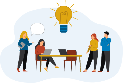 illustration of team of men and women standing and sitting around a table with laptops and notepads with an idea ligh bulb above the table