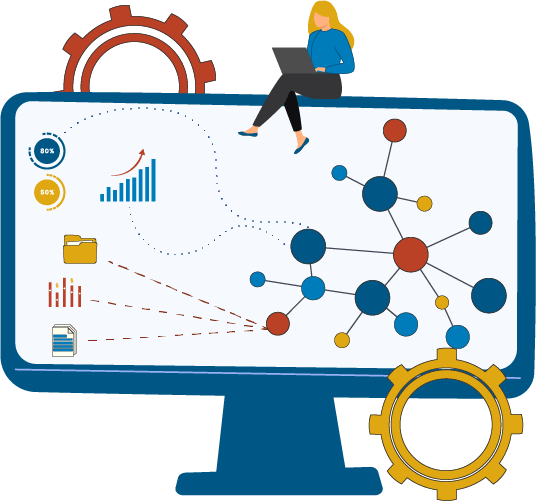 illustration of a computer screen with a graph model containing twenty circles of blue, red and yellow colors connected by lines, icons for text documents, charts and data with dotted lines indicating they are associated with different nodes in the graph and a woman in a blue shirt using a laptop sitting on top of the computer screen