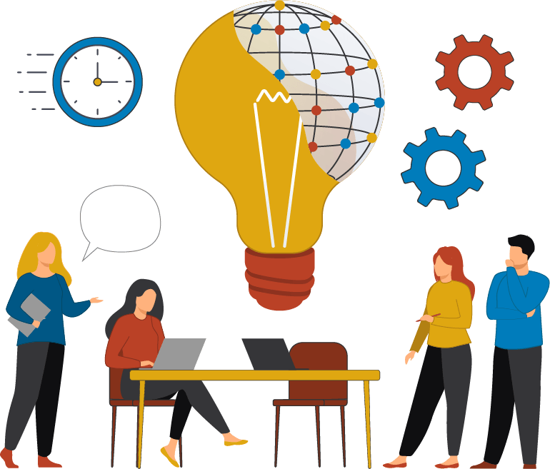 illustration of four people standing around and sitting at a desk with laptops beneath a yellow light bulb where the right half is composed of a network of small circles and lines connected in a grid pattern with a clock to its left and two gears to its right