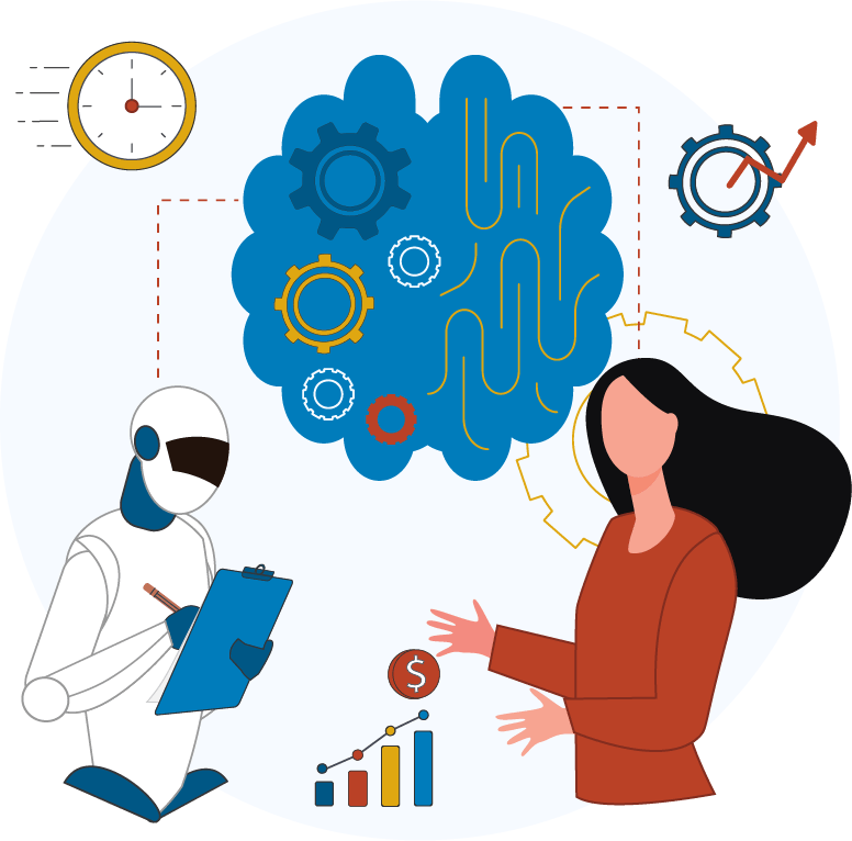 illustration of woman in red shirt facing a white humanoid robot with black visor holding a blue clipboard, both in front of a top view graph brain with gears on one half and icons for a moving clock, trend line and bar chart
