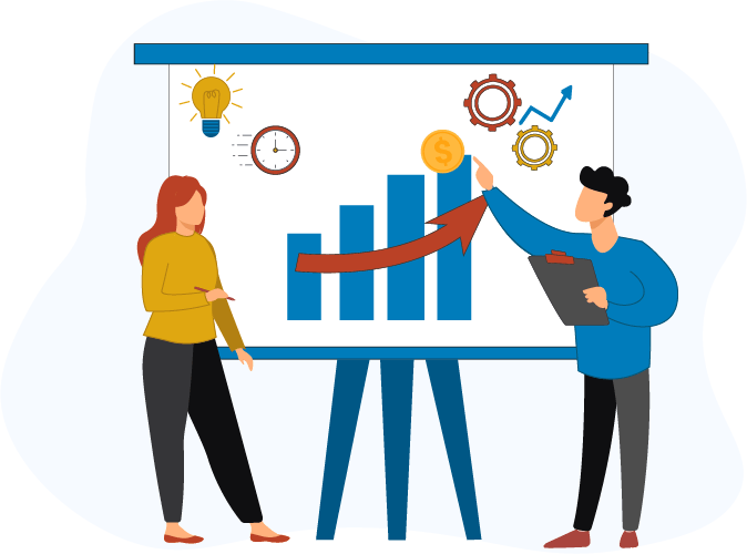 illustration of a woman in a yellow shirt and a man in a blue shirt standing in front of a whiteboard displaying a bar chart with arrow moving up and to the right with clock, light bulb and gear icons above it