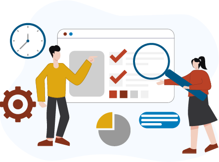 illustration of a man in yellow shirt and woman in red shirt holding a magnifying glass standing in front of a web browser examining the content with icons around them for clock, gear, charts and chat