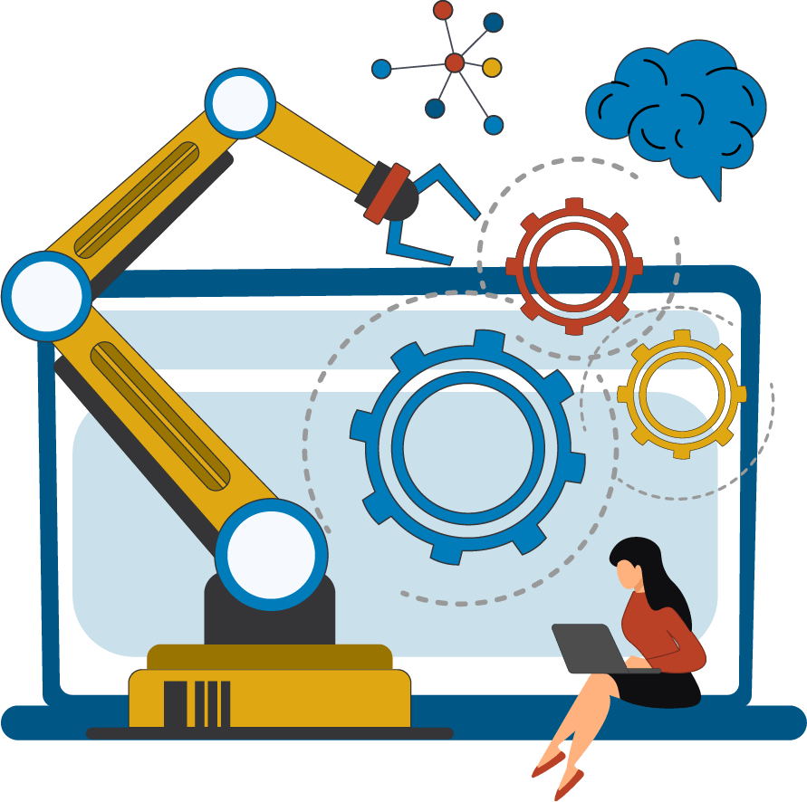 illustration of woman in red shirt sitting on a laptop with a robotic arm sitting across from her maneuvering blue, red and yellow gears in the laptop screen with a seven node graph above the laptop and a blue brain side view next to the graph
