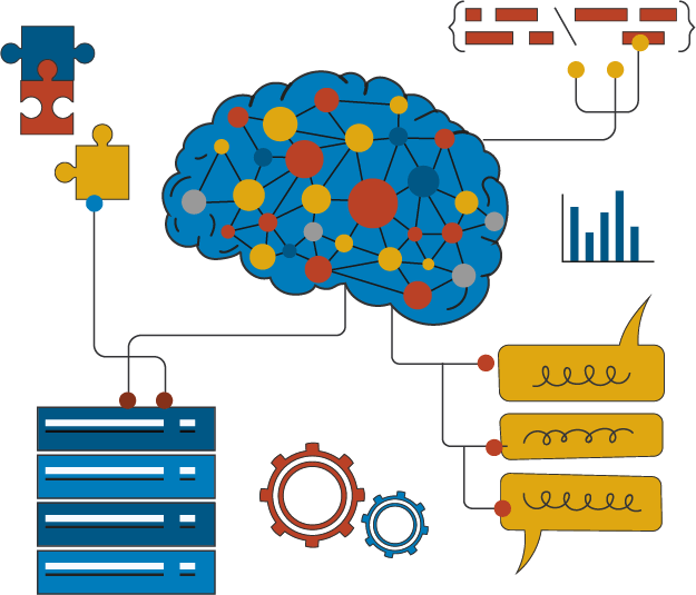 illustration of side view of brain with twenty node graph inside connecting out to icons for servers text, charts, gears and puzzle pieces