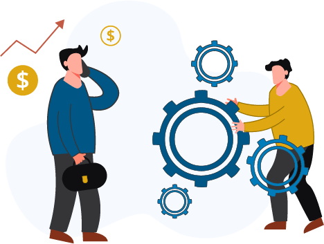 illustration of a man in blue shirt on a cell phone with two dollar signs around his head and a red arrow trend line up to the right plus on the right side another man in a yellow shirt aligning four gears with hands on the large primary gear in the middle