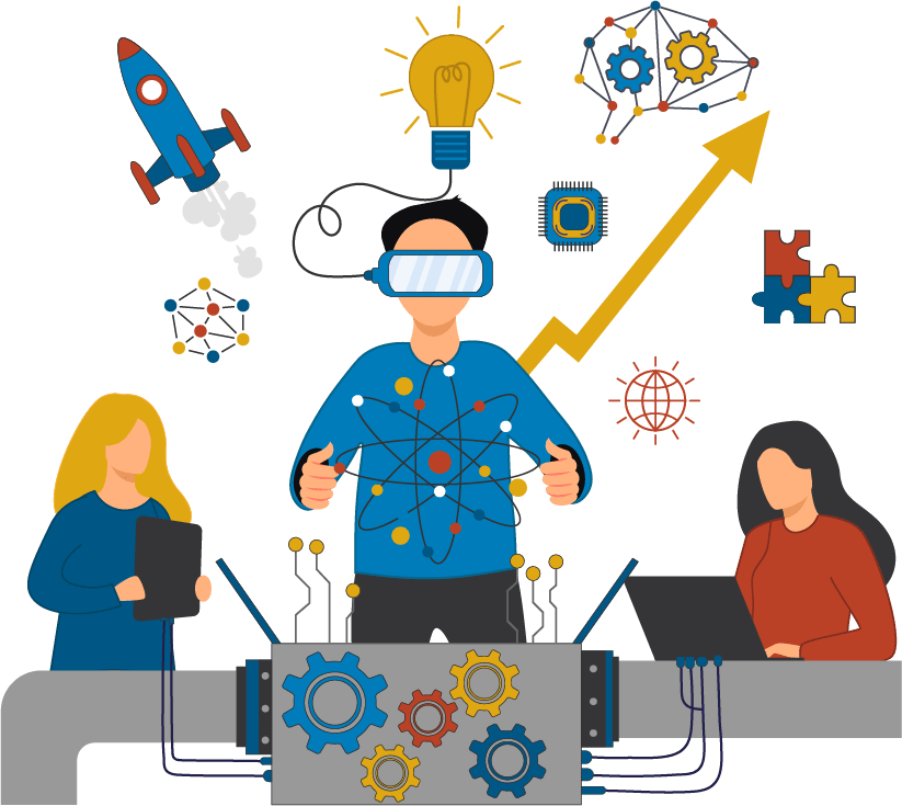 illustration of a pipeline with gears connected out to a laptop used by a woman in a red shirt and a tablet used by a woman in a blue shirt, and a man wearing a blue shirt is in the middle with a 3D graph between his hands wearing a visor and icons for rocket, light bulb, puzzel pieces connected, trend line, side view graph brain with gears and graph around his head