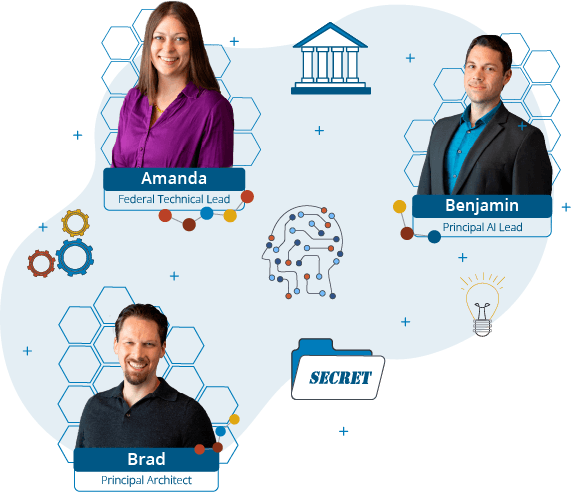 illustration of government building, secret folder with side view of graph ai head in middle surrounded by photos of three key personnel